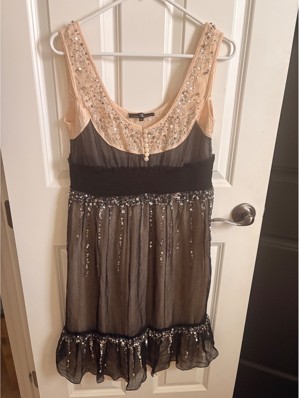 Elisabetta Franchi Black and Beige Silk Sequin Embellished Dress Size 12